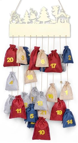 iZoeL Adventskalender zum Befüllen 2023, Inkl 24 Stoffbeutel und Holzleiste(kann DIY Malen),Weihnachtkalender 24 Geschenk Stoffsäckchen Tüten Adventskalender Kinder