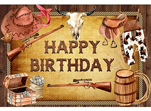 SDOTPMT 5x3ft Jeans Joyeux Anniversaire Polyester Bretelles Pantalons Western Country boardhunter Shotgun Bottes Chapeau Corde Shotgun Fond décoration Photo Prop