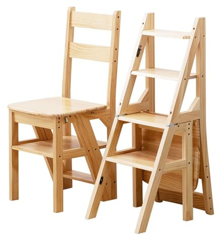 O·Lankeji Massivholz Klappbar Holzleiter,Trittleiter Tritthocker Trittstuhl,Zuhause Küche Bibliothek Multifunktions 4 Stufen Leiterstuhl Holz,Dual-Purpose-Trittleitern,Klappstufen Hocker Leiter ( F