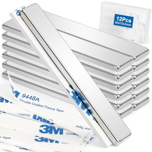 Wzone Neodym Magnete Selbstklebend Stark, 60×10×3mm | 12 Stück Starke Magnete Flache, Klebemagnete mit Gegenstück, Magnete Rechteckig für Büros, Holzbretter und Wände