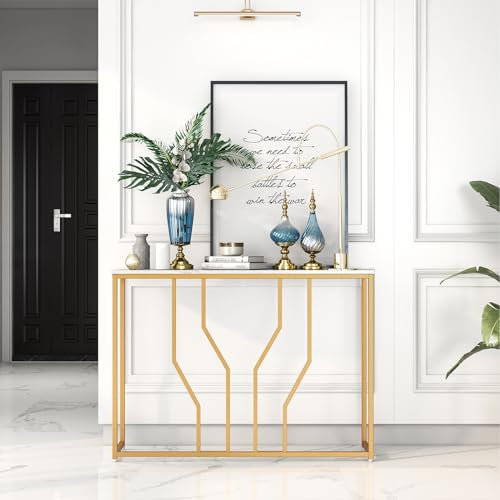 GIANTEX Konsolentisch Marmoroptik, Flurtisch Eingangstisch mit geometrischem Metallrahmen, schmaler Beistelltisch Couchtisch Sofatisch Weiß Gold, Langer Sideboard Tisch Anrichte, 110x30x80 cm