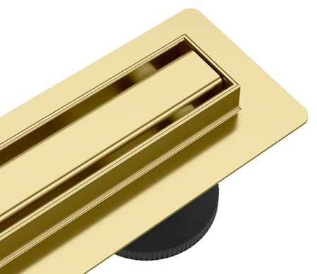 AQUAUNO Slim Edelstahl-Duschrinne 60 cm Gold – extra schmal – hohe Ablaufleistung (49 l/min) – mit 360° Drehsyphon – super flach (57 mm) – Komplettset für bodengleiche Duschen im Badezimmer | AISI-304-Edelstahl; 49 l/min; 57 mm Einbauhöhe; 18-mm-Blende; für bodengleiche Duschen