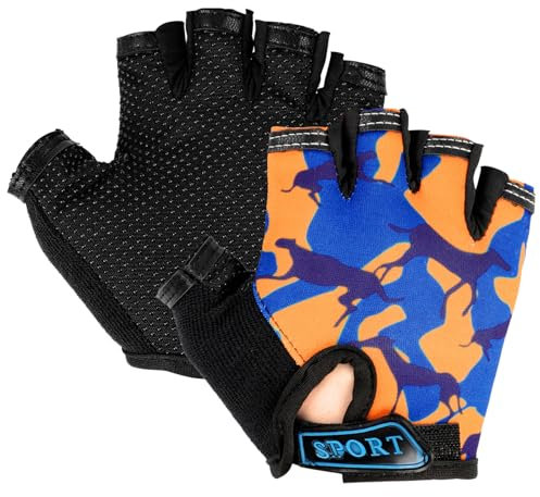 Mecmbj Kind Halb Finger Fahrradhandschuhe, Kinder Sport Handschuhe, rutschfeste Kindersporthandschuhe, zum Radfahren, Bootfahren, Yoga, Skaten, Klettern - Tarnorange (Anwendbare Alter: 6-12 Jahre)