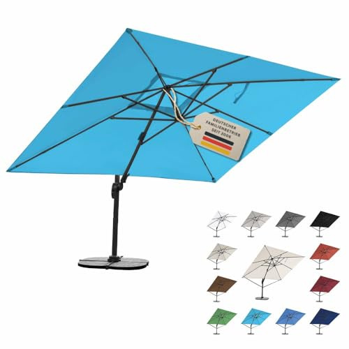 RS Trade Sonnenschirm Ampelschirm 3x4m groß rechteckig, mit Windsicherung, Ständer und Schutzhülle, drehbar neigbar kippbar mit Kurbel, windstabil für Garten Terrasse Balkon Gastronomie, türkis