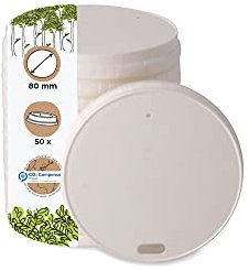 GREENBOX Lot de 50 couvercles en carton avec ouverture pour boire, couvercles à café, diamètre : 80 mm, blancs, pour gobelets en carton à emporter, biodégradables et compostables