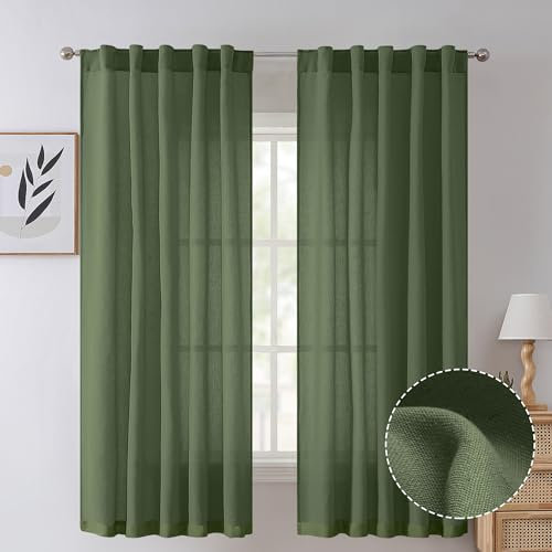 Tollpiz Salbeigrüne Leinen-Vorhänge aus Baumwolle, mit Rücklasche auf der Rückseite, halbtransparent, mit Tasche, Sackleinen, lichtfilterend, Bauernhaus, neutrale Boho-Vorhänge, Wohnzimmer, 96,5 x