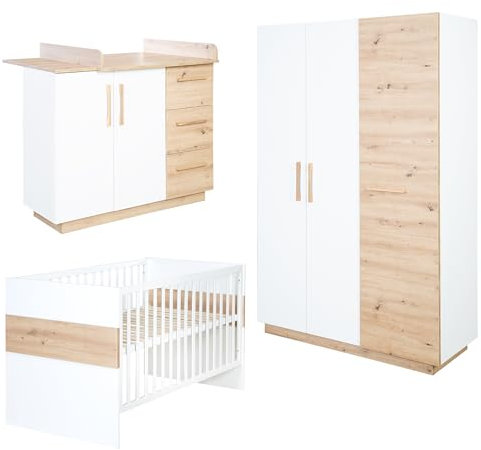 roba Kinderzimmerset 'Lion' 3-teilig - Kombi-Kinderbett 70x140 + Wickelkommode breit + Kleiderschrank 3-türig - Weiß - Dekor 'Artisan Eiche'