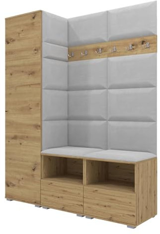 RAVIO Garderoben-Set NELA II mit Zwei Schuhschränke, 150cm Flurgarderobe mit Wandpaneele, Inklusive Montagekleber, Praktischer Wandgarderobe (Artisan Eiche + Hellgrau (Trinity 32))