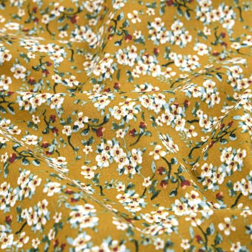 Baumwollstoff Meterware Blumen – Stoff Ocker mit Blüten & Knospen, 100% Baumwolle, weich & hautfreundlich, Stoff für Kleidung & Deko