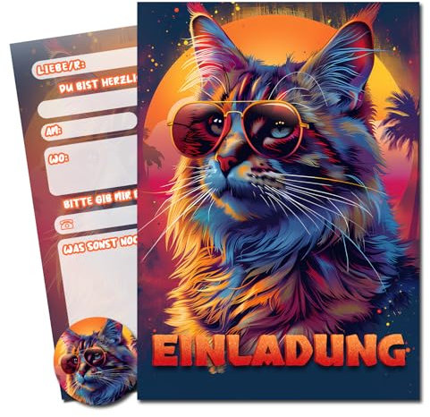 Vielucks® 15 x Filmgenre Einladungskarten - DIN A6 - Original - mit Aufkleber,Einladungskarten Kindergeburtstag Mädchen Junge,Geburtstagseinladungen,Party deko,Einladung Einschulung (Katze)