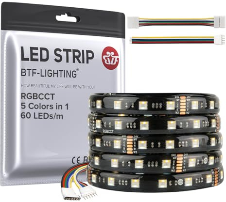 BTF-LIGHTING RGBCCT 5 Farben in 1 5050SMD LED Streifen DC24V 5M 60LEDs/m 300LEDs RGB+Warmweiß+Kaltweiß Schwarz PCB IP65 Wasserdicht für Zimmer Küche Dekoration(Controller und Netzteil nicht enthalten)