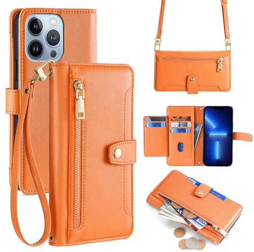 ERDARARIPRO Hülle für Apple iPhone 13 mit Trageband, Flip Wallet Handyhülle mit Ständer und Magnetischem Reißverschluss [6 Kartenfächer+1 Bargeldfach] Folio aus Luxuriösem Veganem Leder Orange Farbe