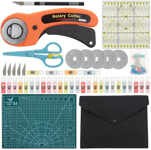 96pcs Rotary Cutter Set for Quilting & Sewing – 45mm Fabric Cutters with 5 Extra Blades, A4 Self-Healing Cutting Mat & Acrylic Ruler – Perfect for Fabric, Paper, Leather, Cloth, Crafting