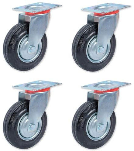 Tradineur - Pack de 4 ruedas giratorias para muebles, goma y hierro, incluyen placa de montaje, rueda de transporte para cargas pesadas, industrial, peso máx. 50 kg, Ø 75 mm