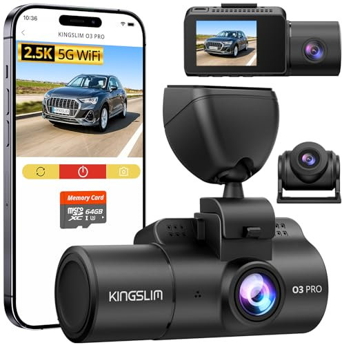 Tapo Kingslim 3 Channel Dash Cam Front and Rear Inside, 5G WiFi Dashcam 2.5K+1080P+1080P with 64GB SD Card, Dash Camera for Cars Auto IR Night Vision, Loop Recording (O3PRO)