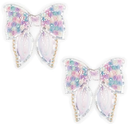 CABODYALS 2Pcs Bow Patches Iron on Colorful Rose Bowknot Sequin Pearl Applique 3D Beaded Lace Trim Sew on Tulle Repair Appliques Bulk for Sewing Making Crafts Clothes Dress Shirt Birthday Supply