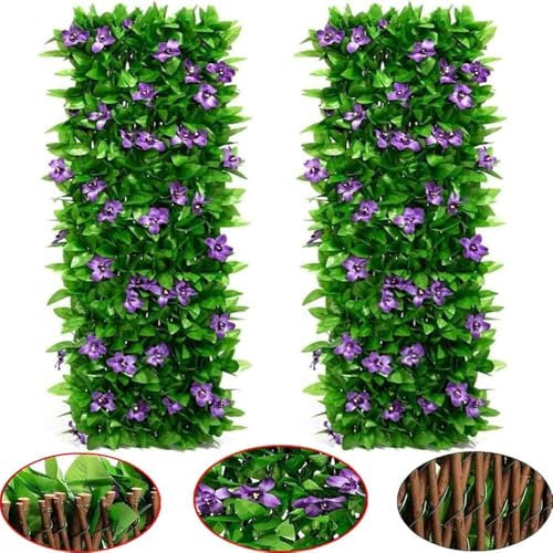 Panneau De Treillis De Jardin Extensible 200 X 40 Cm, 2 Écrans en Bois Rétractables avec Fleurs Violettes Et Lierre Artificiel, Clôture Décorative en Fausse Plante De Lierre, for Patio, Jardin, Cour