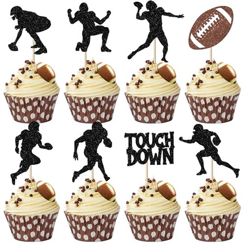 Xsstarmi 24 Pack Rugby Ball Cupcake Toppers American Football Cupcake Picks Super Bowl Touchdown Player Cupcake Decorations for Rugby Sports Theme Baby Shower Kids Birthday Party Cake Decorations