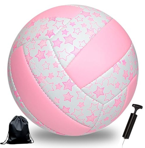 Bibykivn Volleyball,Beachvolleyball,Weicher Touch Volleyball Training für Beach Outdoor Indoor Spiel,Offizieller Größe 5,Artikel mit Rucksack und Pump Mesh Bag (Rosa Stern)