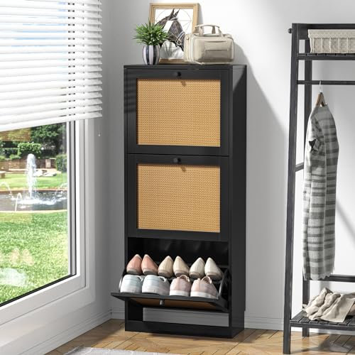 Yvsevnr Schwarz Schuhschrank mit 3 Rattan Klappen, Schuhkipper Schmal Hoch Schuhkommode, Schuhschrank Schmal Rattan, Verstellbar, Flur, Diele, Wohnzimmer, Schlafzimmer