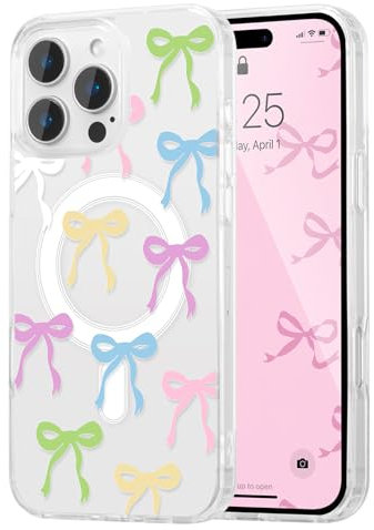 UEEBAI Magnetic for iPhone 13 Pro Case, Bow Case Compatible with MagSafe,Spring Feeling Wireless Slim Clear Aesthetic Cover Anti-Yellowing Protective Cover for Women Girl - Colorful