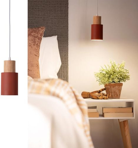 Alpinaluz Hängelampe – nordischer minimalistischer Stil – zylindrischer Lampenschirm Ø10 cm aus lackiertem Stahl Farbe Granat Rot Braun mit Naturholzdetails – Fassung E27