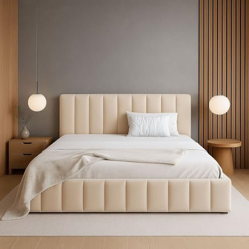 Sofello Polsterbett NINA mit Holzlattenrost 120 140 160 180 200 cm aus Samt Samtdoppelbett für Erwachsene und Jugendliche (Riviera 21 - beige, 120x200)
