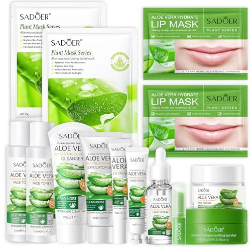 14 Stück Aloe Vera Hautpflege Set, Gesichtspflege Set Für Frauen | Cleanser, Toner, Serum, Augenpads, Lippenbalsam, Handcreme Für Teenager Mädchen