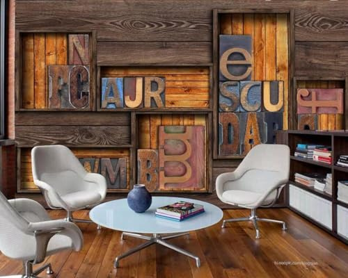 Mural Wallpaper Vintage Wooden Frame Woodcut Letters Wallpaper 3D Effect Murals for Bedroom and Living Room Wall Decoration -KX01565, 430x300cm