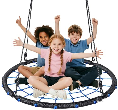 Spinnennetz-Baumschaukel für Kinder und Erwachsene, runde Gartenschaukel mit Stahlrahmen, 2 Aufhängegurten und Spannschloss – 120 cm große Plattform