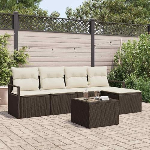 Ziaphsol Braun Poly Rattan Sofa Set, 6-teilig, mit Kissen, modular, UV-beständig, wetterfest, für Garten Terrasse Balkon, langlebiges Outdoor Möbel Set