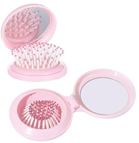 Funalix Mini Haarbürste mit Spiegel, Faltbare Reise Haarbürste als Tragbare Haar Bürste und Haarmassagekamm, Klappbürste für Damen (Rosa)