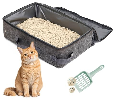 SZMK Lettiera da Viaggio per Gatti 40 X 30 X 15 CM,Lettiera Portatile Gatto con Pala, Zip e Coperchio,Toilette per Gatti Pieghevole,Cat Litter Box per Campeggio, Casa, Gite - Grigio chiaro
