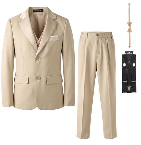 LOLANTA Costume Mariage Garcon, Smoking Cérémonie Enfant 5 Pièces, 2-15 Ans | Veste Gilet Pantalon Nœud Papillon & Bretelles, Pour Mariage, Baptême & Communion