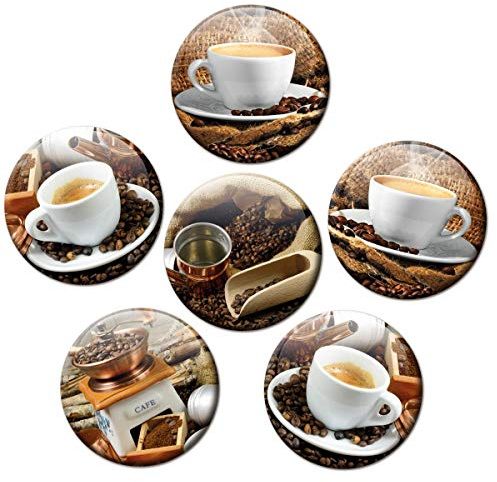 Magnet Set Kaffee extra stark für Glasmagnettafel - 6er Magnete Kaffeemühle & Kaffeetassen - Geschenk für Kaffeeliebhaber Frauen Männer - Deko rund groß 50 mm