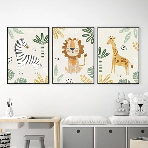 3 Posters Nordique 30x40cm Affiches Chambre Enfant Vert Animaux Lion Girafe Zèbre Dessins Tableau Peinture sur toile Decoration Murale Bebe Cadeaux Anniversaire NPTWC005-M