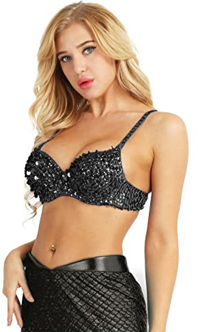 Agoky Damen glänzend Pailletten BH Top mit Glitzer Bra Crop Tops Party Clubwear Bauchtanz Kostüm sexy Oberteil in 6 Farben Schwarz 34