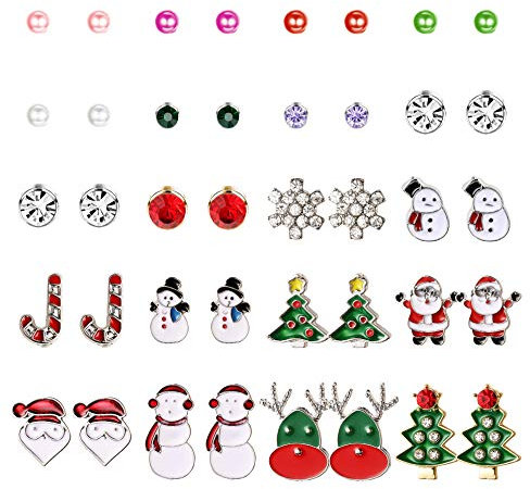 Finrezio 20 Paare Mehrere Weihnachten Ohrstecker Set Für Frauen Mädchen Perle Weihnachtsmann Schneemann Weihnachtsbaum Schneeflocke Schmuck Rot-Grün-Stil