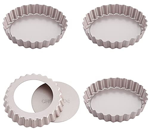 CHEFMADE Mini Tart Pan Set, 4-Inch 4Pcs with Removable Loose Bottom Non-Stick Round Quiche Bakeware for Oven and Instant Pot Baking (Champagne Gold)
