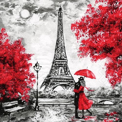 Servietten Papier 33x33cm 3-lagig 20 Stück - hochwertig & nachhaltig - Einweg Hochzeitsservietten - Papierservietten für Hochzeit Gastronomie Alltag - Romantik am Eiffelturm - Schwarz Rot Weiß