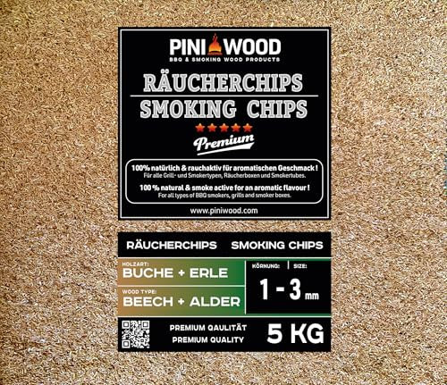 PINI 5 Kg Räucherchips Buche und Erle gemischt 1-3 mm Smoking Dust Räucherspäne 18 Liter
