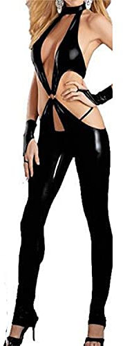 SMGZC Sexy Damen Overall Schwarz Glänzend Lackleder Latex Catsuit Body Schritt öffnen Nasses Aussehen Verein Nachtclub Kleidung (XL)