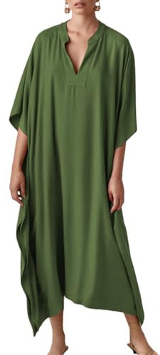 Bsubseach Mujeres ejército Verde Sedoso Kaftan Vestidos Batwing Manga Traje de baño Cubrir V Cuello caftán Maxi Vestido de Verano