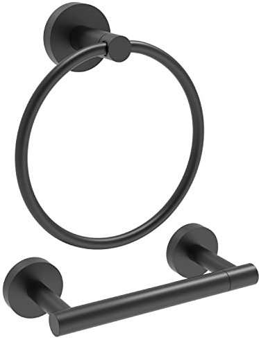 RARXTR Matte Black Toilet Paper Holder & Towel Ring SUS304 Stainless Steel 2pc Bathroom Hardware Set with Double Post Pivoting Toilet Paper Roll Holder Wall Mount & Bathroom Towel Holder Set.