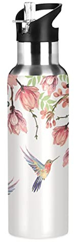 Hummingbird Wisteria Magnolia Butterflies Water Bottle Drink Flask with Straw Lid Insulated Stainless Steel Thermos Bottle for Boys Girls Gym Sports Leakproof 600 ml