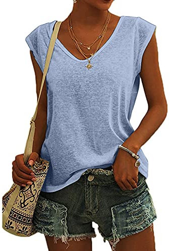 KOG Bluse Damen Elegant Ärmellose T-Shirt Shirt Casual Weiß Oberteile mit Flügelärmeln Frauen Schwarz Kleidung Frau Grau Sommer Shirts Top Damen V-Ausschnitte Tshirt Klamotten Blau M