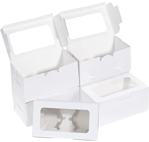 Coptiner 50Pack Cupcake Boxes with Window and Inserts, Cake Boxes 2 Holes Bakery Boxes Cardboard Packaging Box for Muffins Pastries Cupcakes Cakes Cookies, White