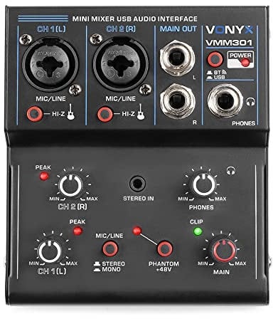 Vonyx VMM301 - Mezclador compacto USB con interfaz de audio, Bluetooth, phantom +48V, combo XLR/Jack, salida auriculares, entrada RCA, portátil para podcast, grabación y streaming