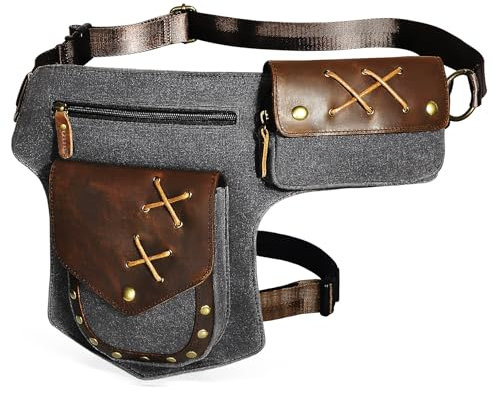 Herren Canvas + Leder Motorrad Reiten Tasche Beinbeutel Beintasche Außenbeintasche Hüfttasche Drop Leg Tasche FB211-8 (Grau)