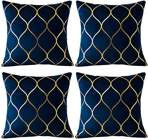 JOTOM Samt-Kissenbezüge, 45 x 45 cm, goldfarben, geometrisch, dekorative Kissenbezüge, weich, solider Samt, Luxus-Zierkissenbezüge für Sofa, Couch, Wohnzimmer, Bett, Dekoration, 4er-Set (Marineblau)